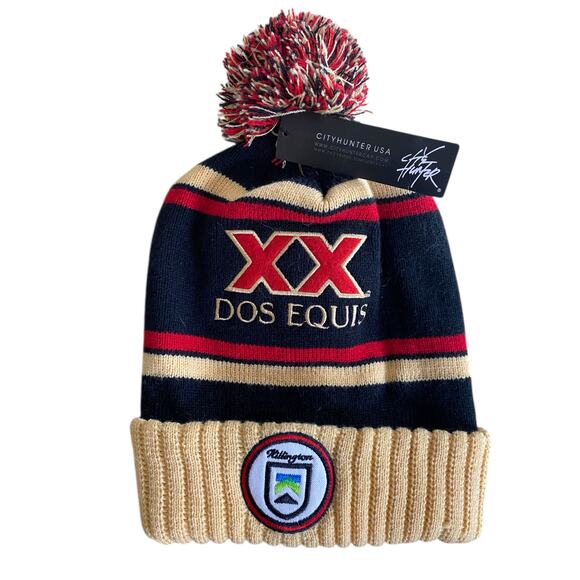 Dos Equis XX Beer Knit Beanie Cap Pom Pom Winter Hat Black Tan Red NWT - Picture 1 of 5